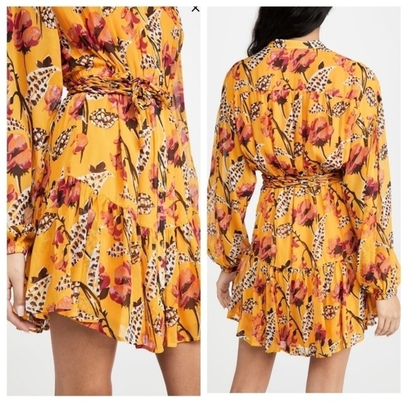 A.L.C. Yellow Floral Silk Jen Mini Dress Long Sleeve Belted Shirtdress Size XS S - Picture 15 of 16